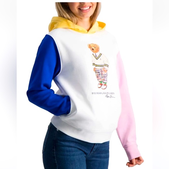 Ralph Lauren Polo Bear White Multi Colored Block Fleece Hoodie